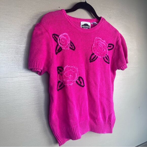 Vintage Greenwich Square Knit Pink Rose Balloon Cap Sleeves - Picture 2 of 8